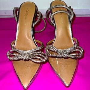 BCBG Silver Crystal Rhinestone Sparkle Pointed Toe Bow‎ Pump Heels